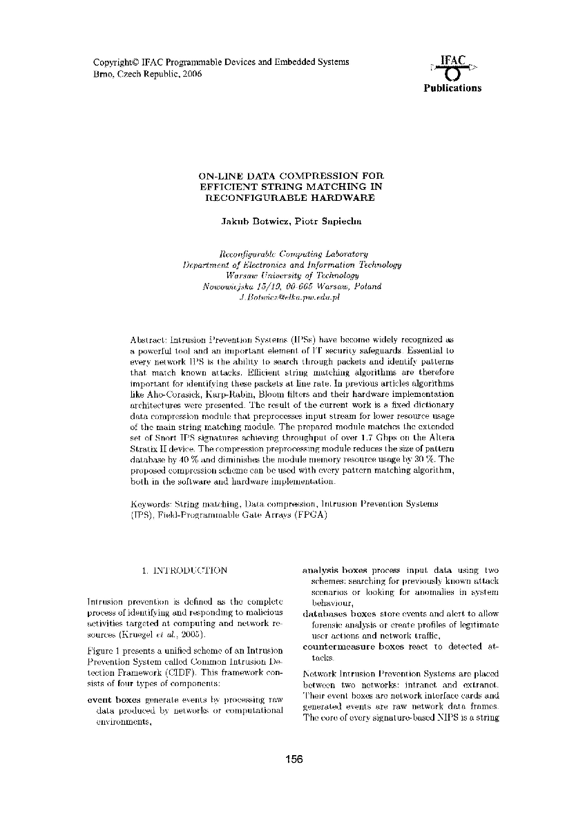 On-Line data compression for efficient string matching in reconfigurable hardware