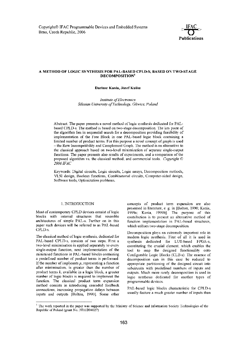 A Method of logic synthesis for Pal-Based CPLD-S, based on Two-Stage decomposition 1