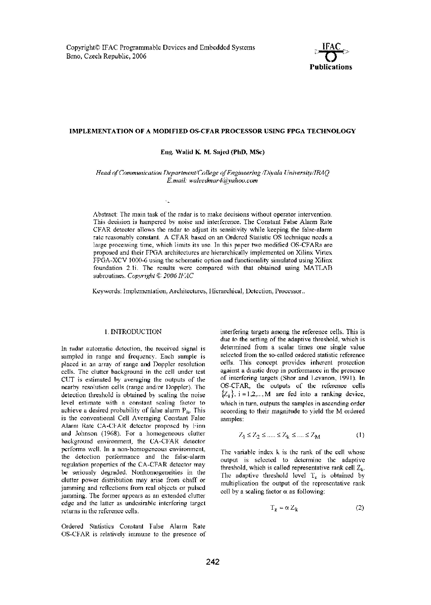 Implementation of a modified Os-Cfar processor using FPGA technology