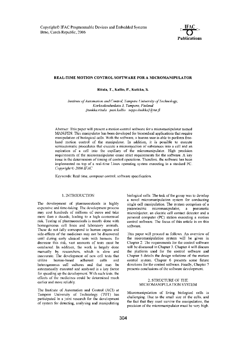 Real-Time motion control software for a micromanipulator