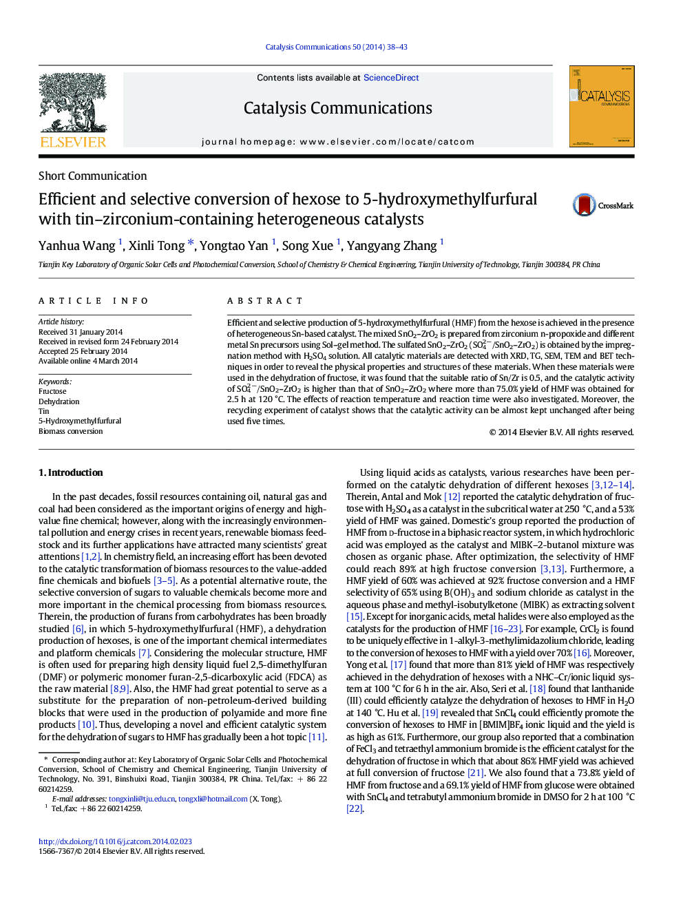 Efficient and selective conversion of hexose to 5-hydroxymethylfurfural with tin–zirconium-containing heterogeneous catalysts