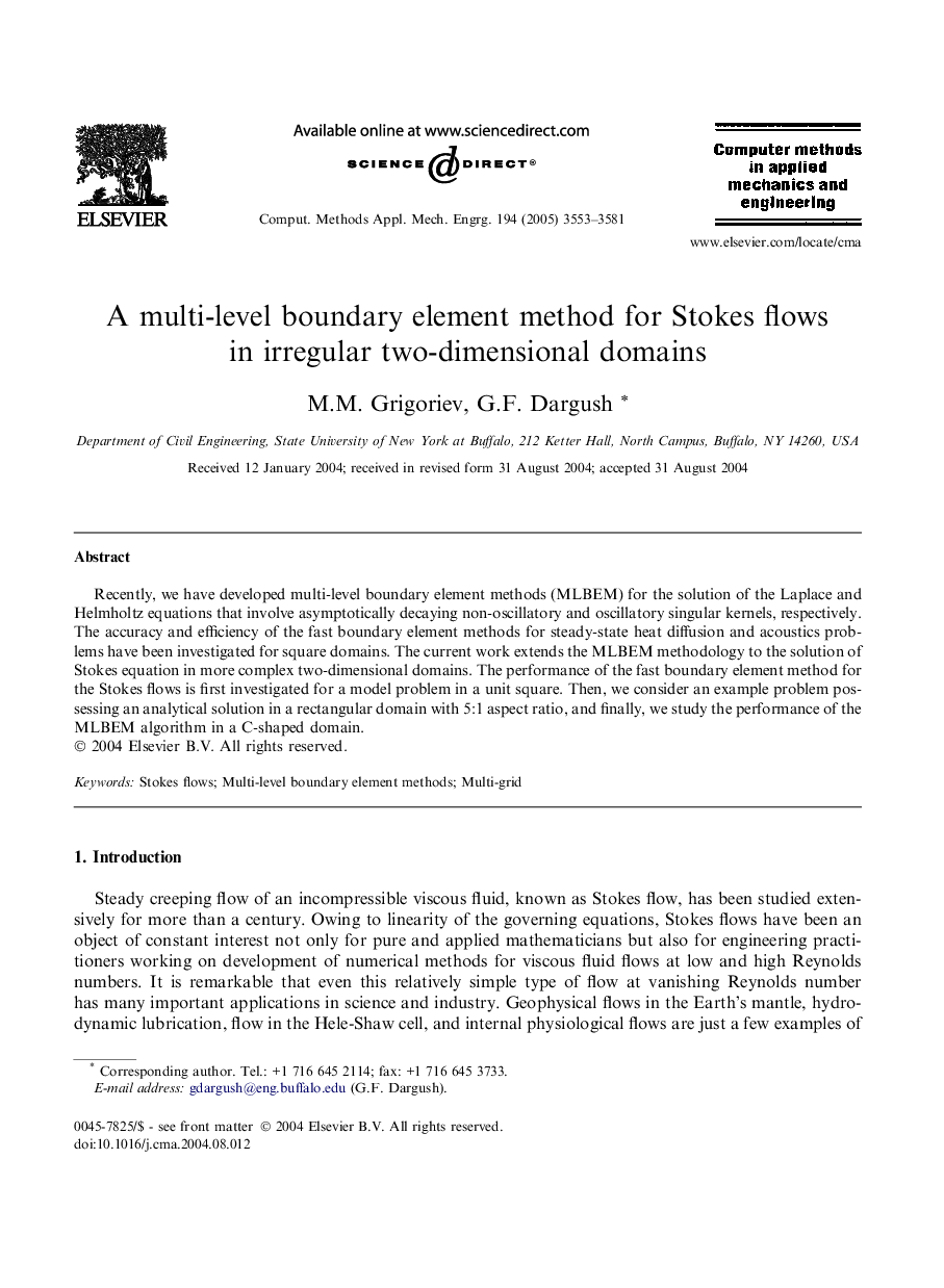 عکس صفحه اول مقاله: A multi-level boundary element method for Stokes flows in irregular two-dimensional domains A multi-level boundary element method for Stokes flows in irregular two-dimensional domains