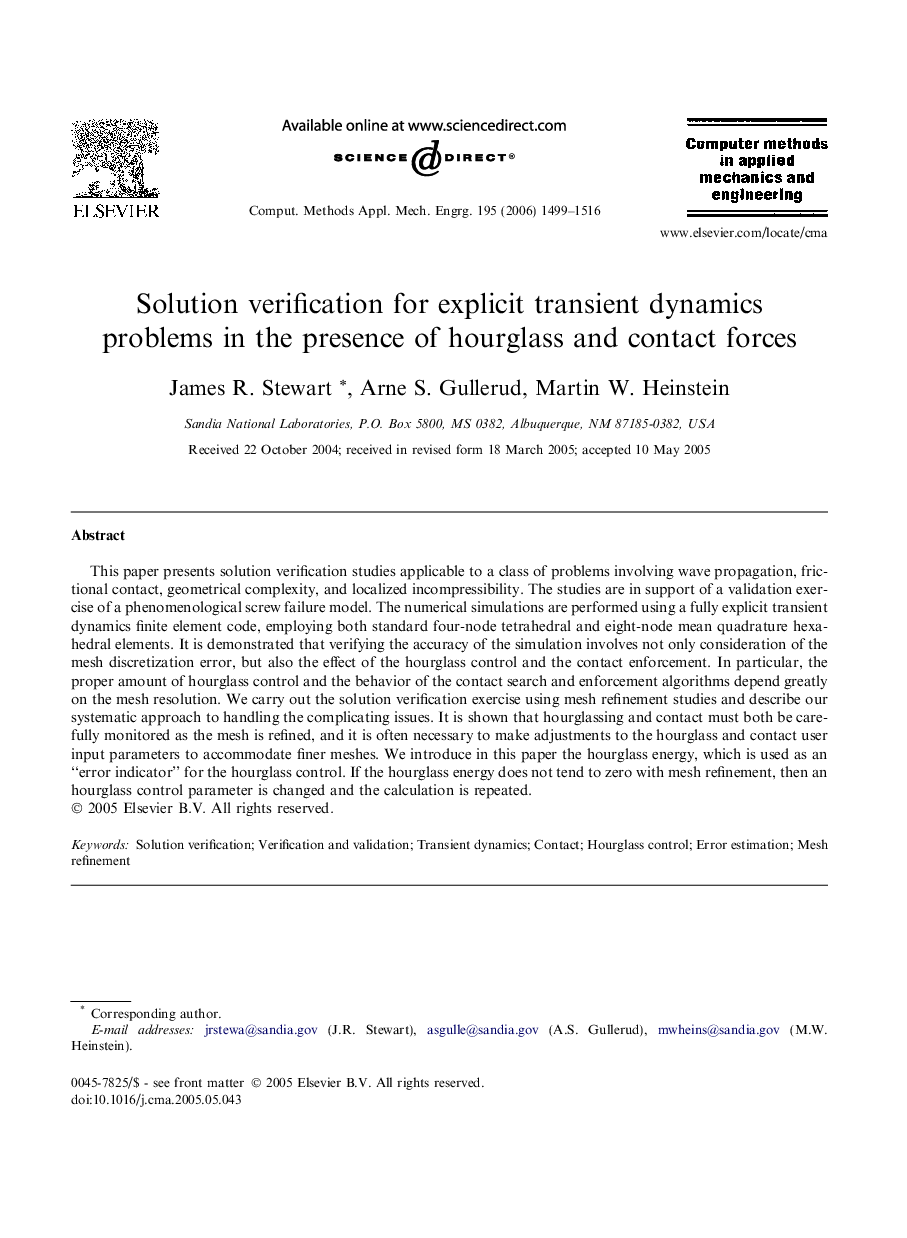 Solution verification for explicit transient dynamics problems in the presence of hourglass and contact forces