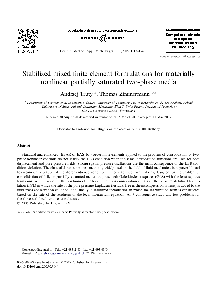 Stabilized mixed finite element formulations for materially nonlinear partially saturated two-phase media