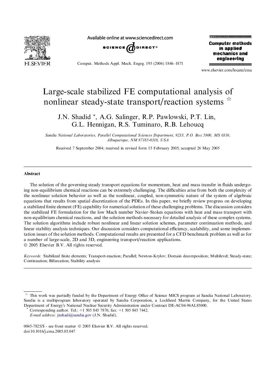 Large-scale stabilized FE computational analysis of nonlinear steady-state transport/reaction systems 