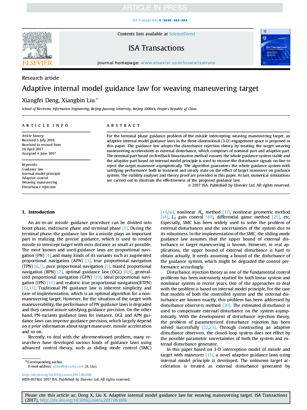 Adaptive internal model guidance law for weaving maneuvering target