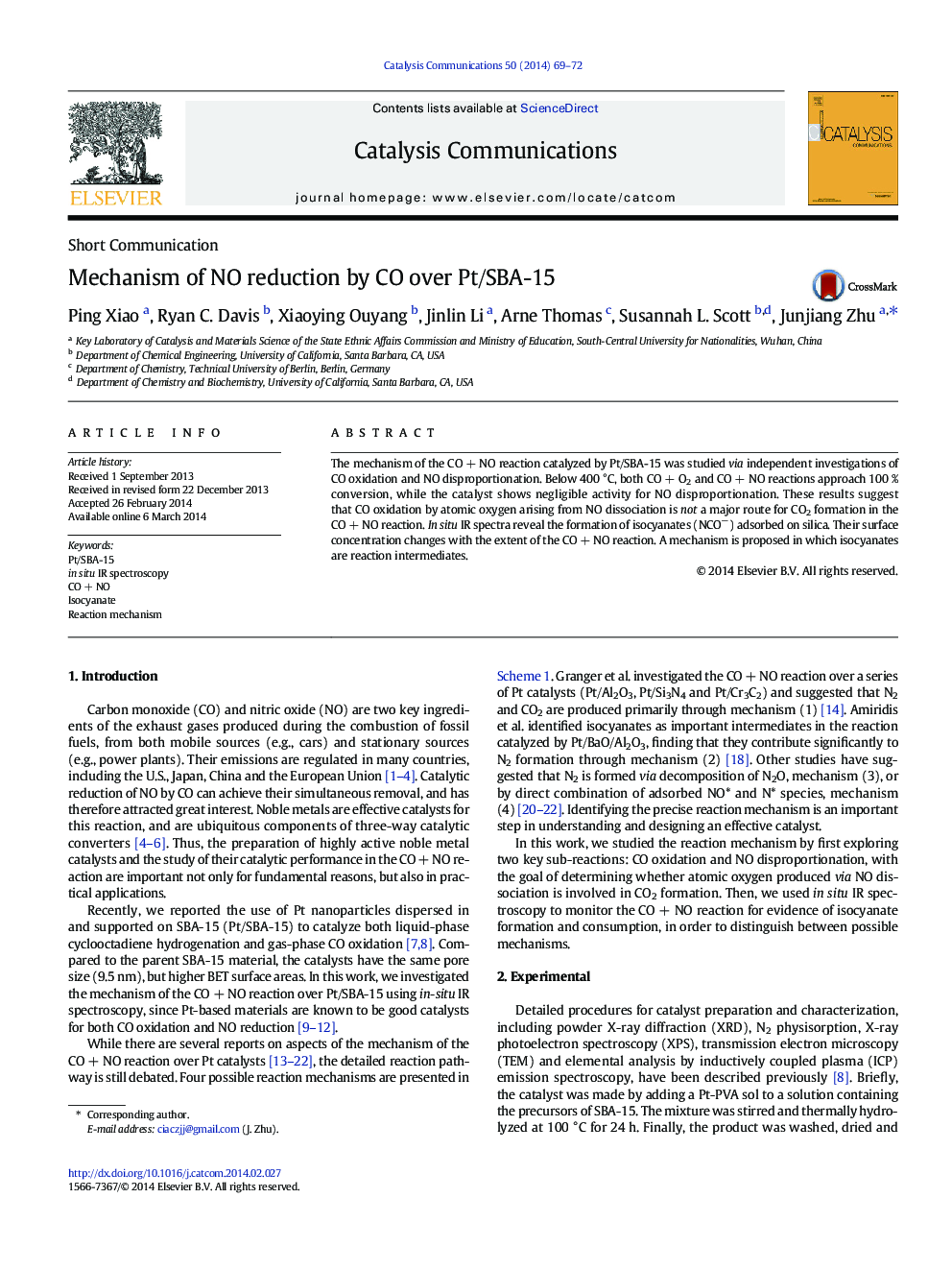 Mechanism of NO reduction by CO over Pt/SBA-15