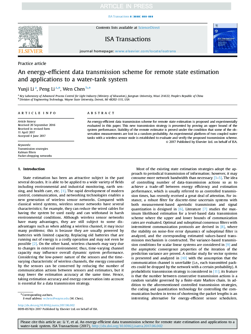 An energy-efficient data transmission scheme for remote state estimation and applications to a water-tank system