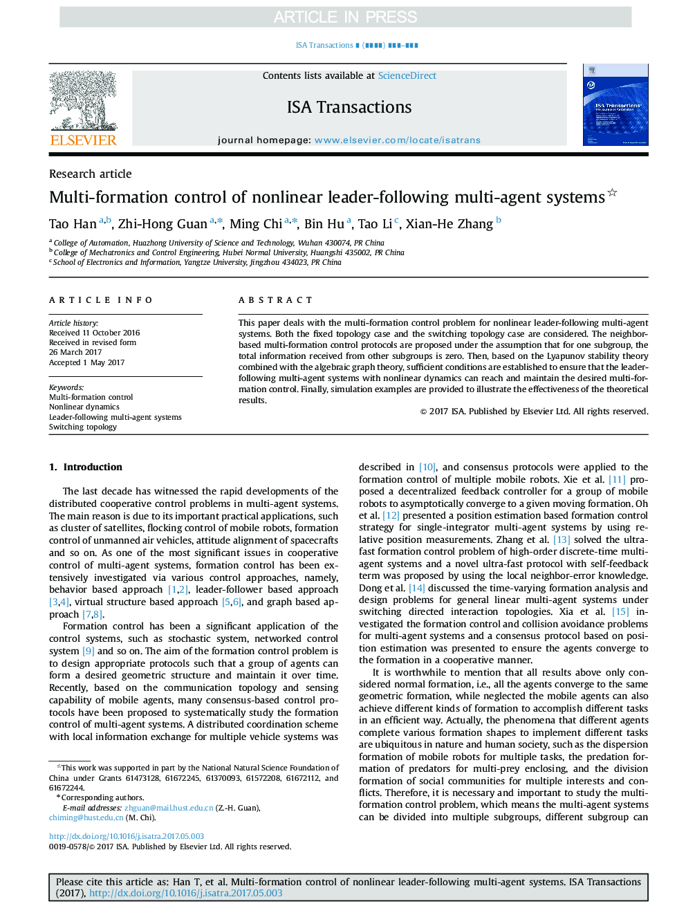 Multi-formation control of nonlinear leader-following multi-agent systems