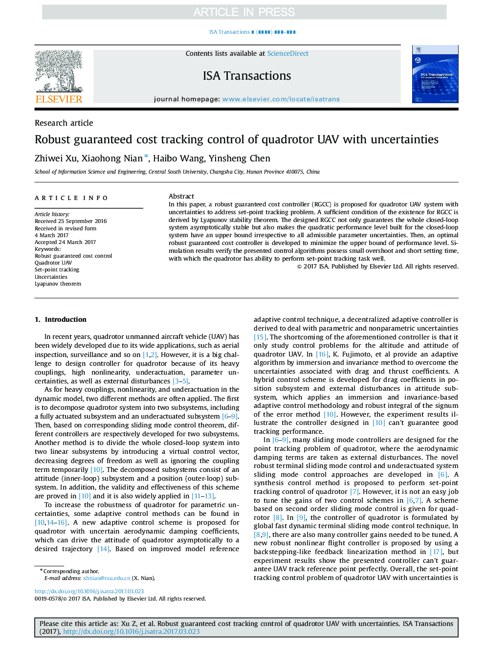 Robust guaranteed cost tracking control of quadrotor UAV with uncertainties