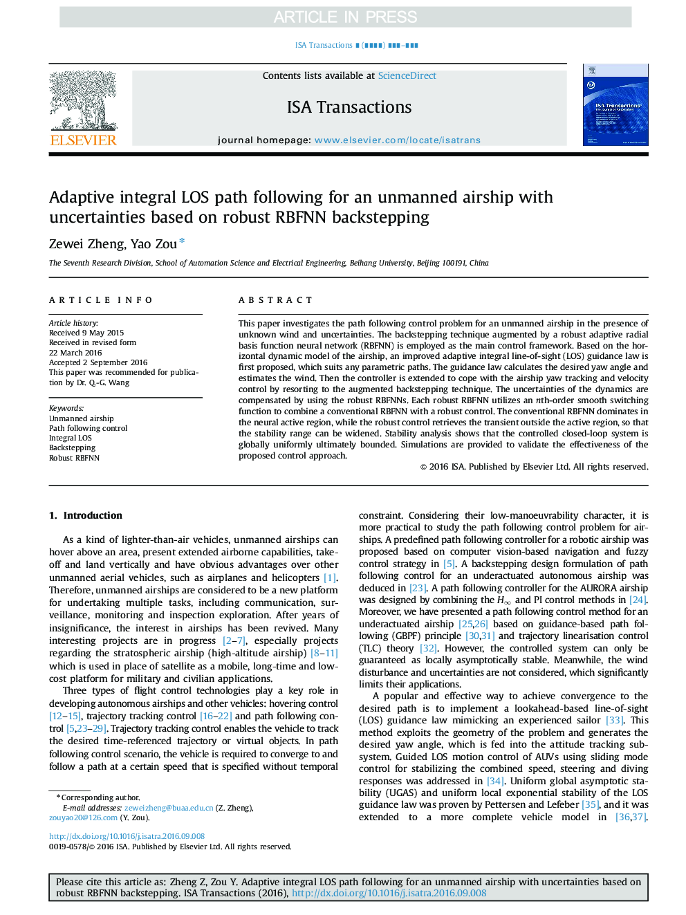 Adaptive integral LOS path following for an unmanned airship with uncertainties based on robust RBFNN backstepping