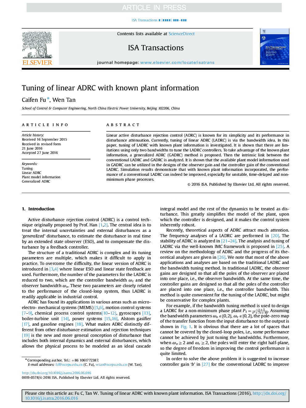 Tuning of linear ADRC with known plant information