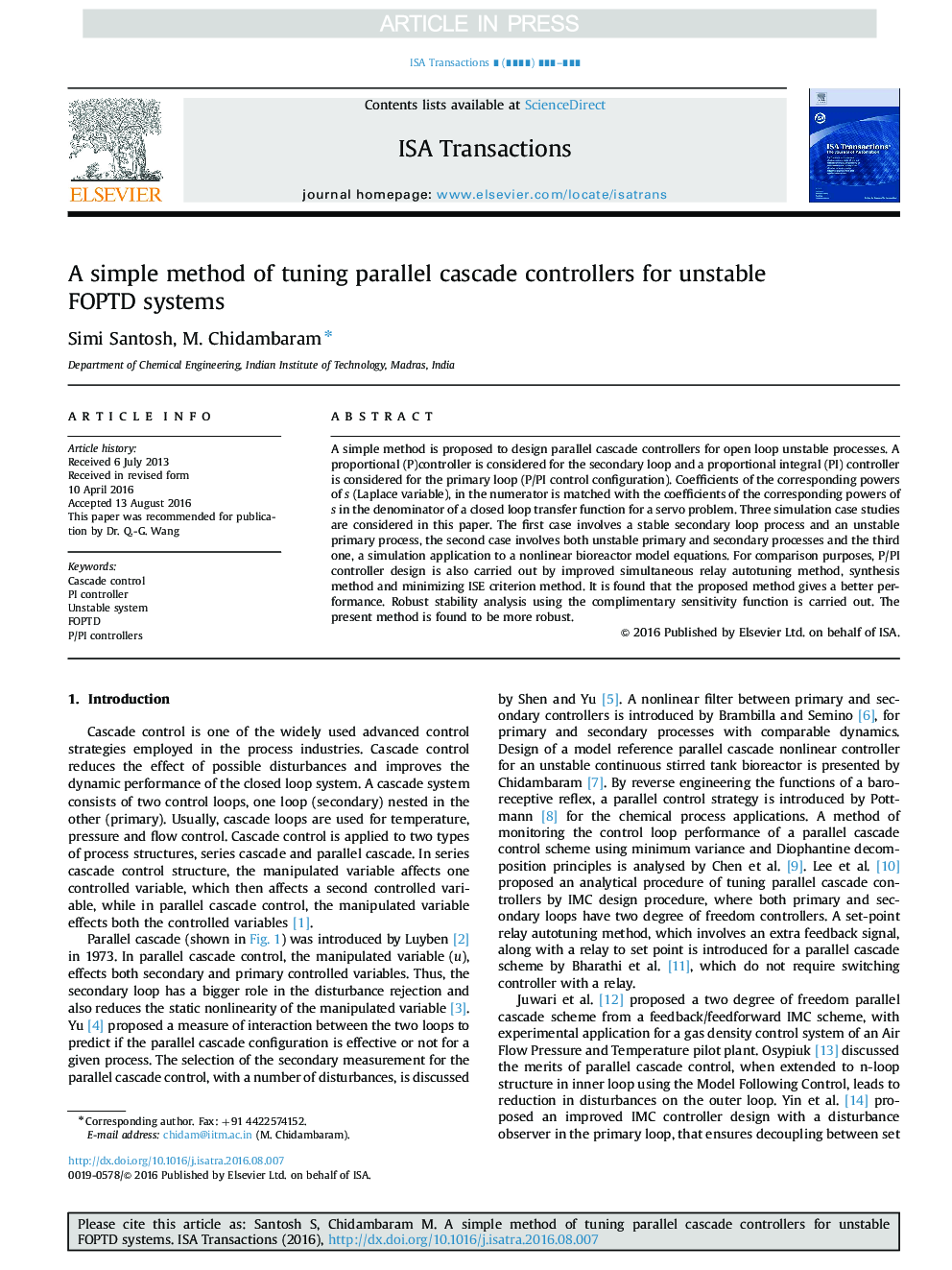 A simple method of tuning parallel cascade controllers for unstable FOPTD systems