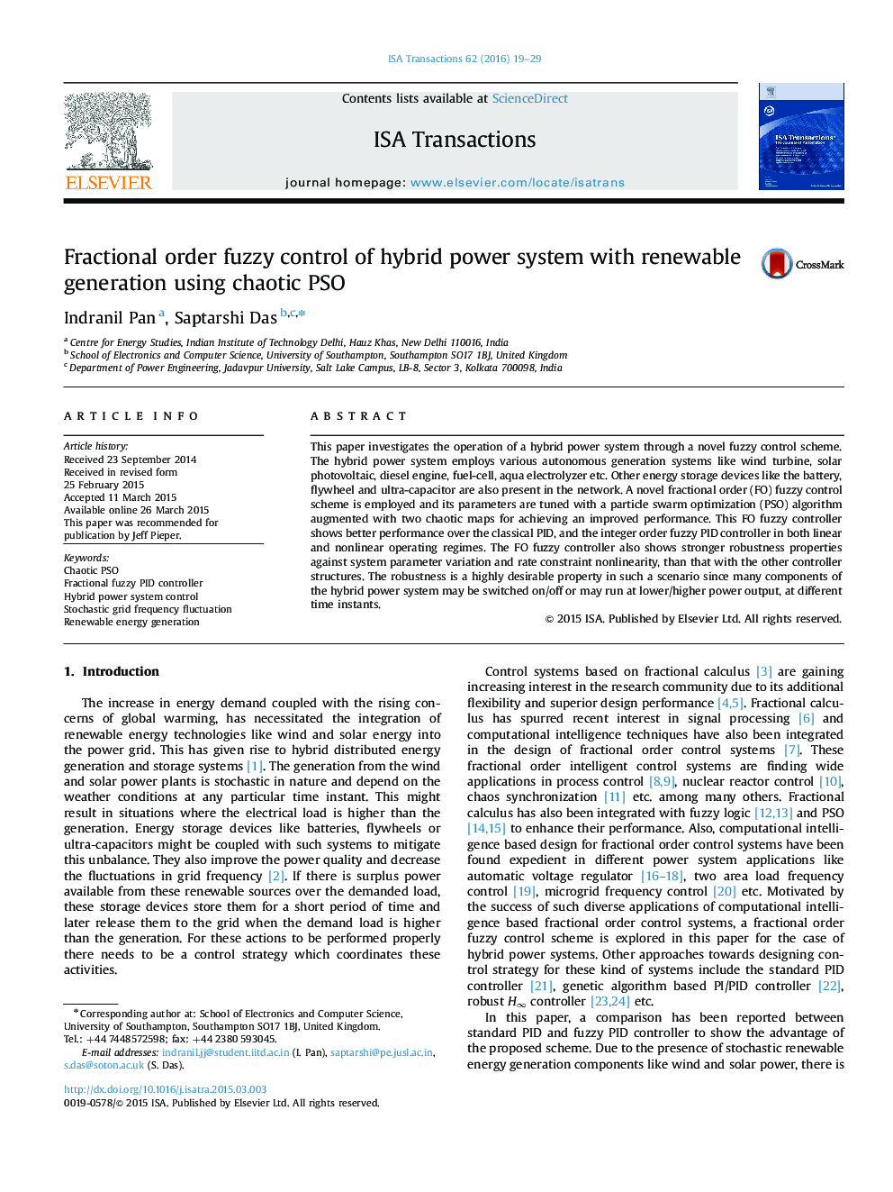 Fractional order fuzzy control of hybrid power system with renewable generation using chaotic PSO