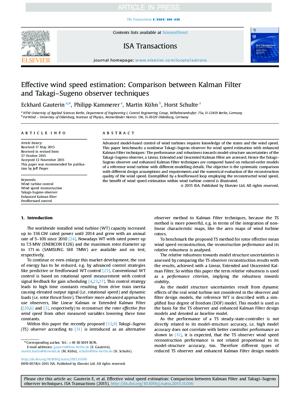 Effective wind speed estimation: Comparison between Kalman Filter and Takagi-Sugeno observer techniques