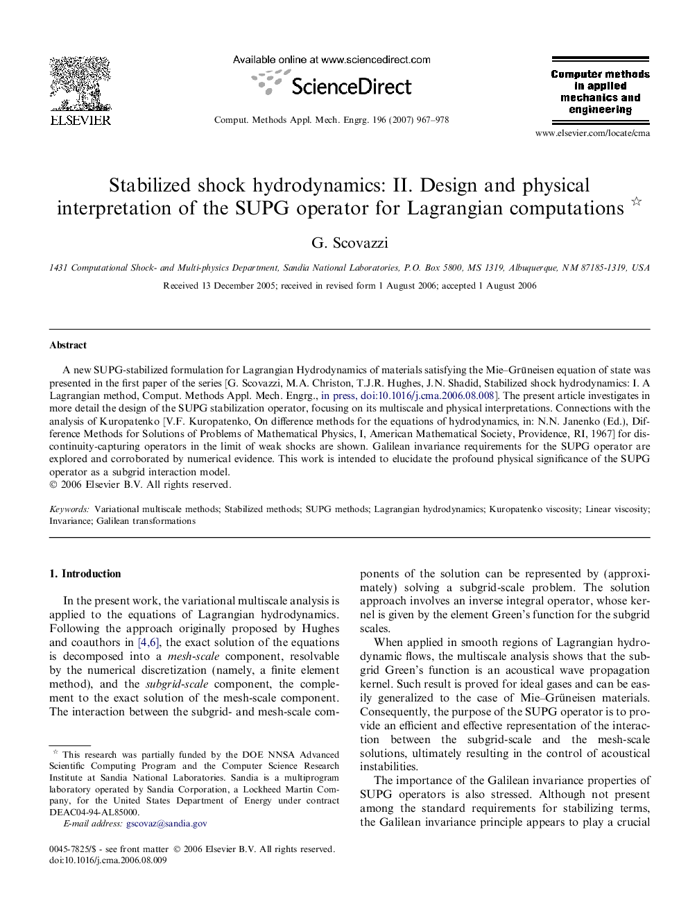 Stabilized shock hydrodynamics: II. Design and physical interpretation of the SUPG operator for Lagrangian computations 