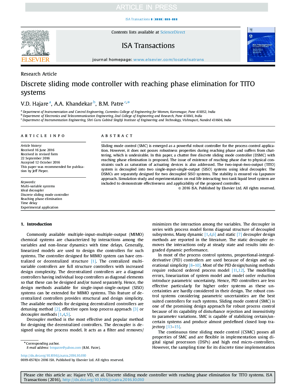 Discrete sliding mode controller with reaching phase elimination for TITO systems