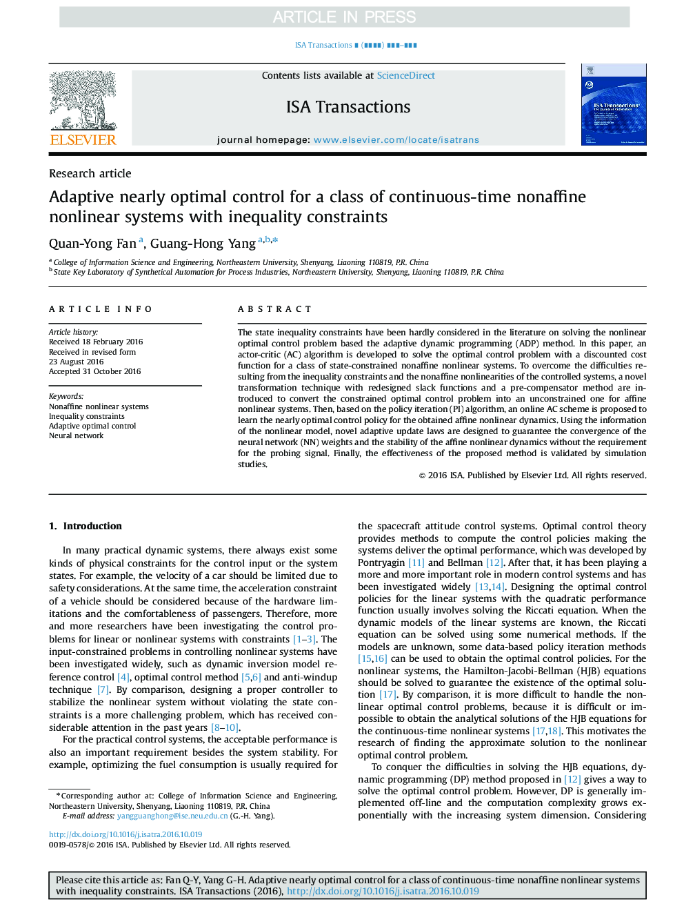 Adaptive nearly optimal control for a class of continuous-time nonaffine nonlinear systems with inequality constraints