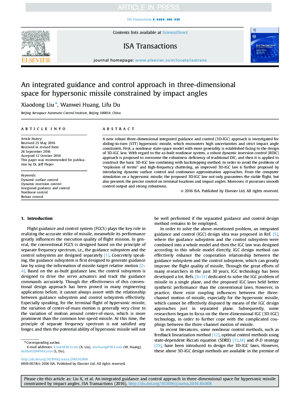 An integrated guidance and control approach in three-dimensional space for hypersonic missile constrained by impact angles