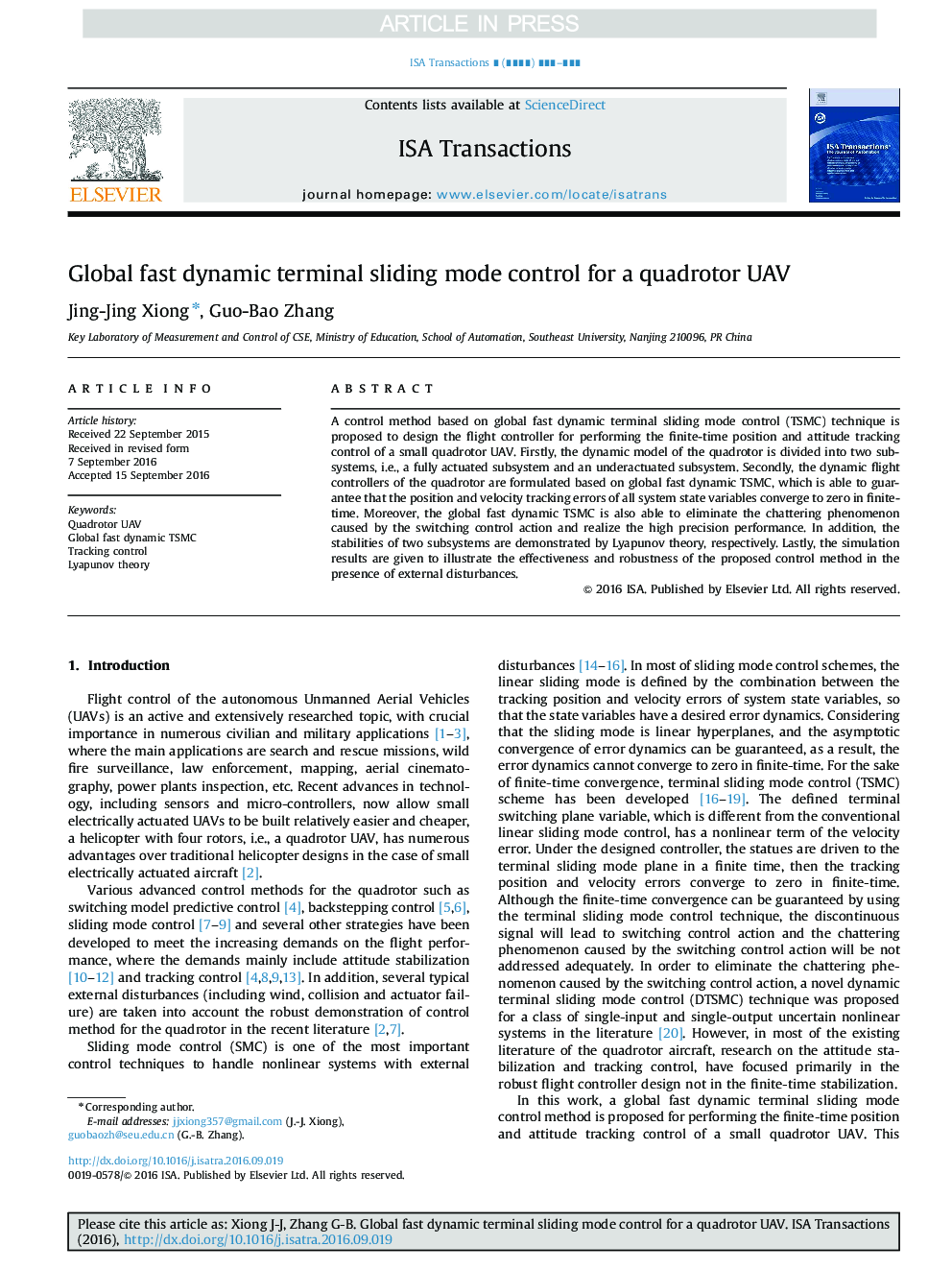 Global fast dynamic terminal sliding mode control for a quadrotor UAV