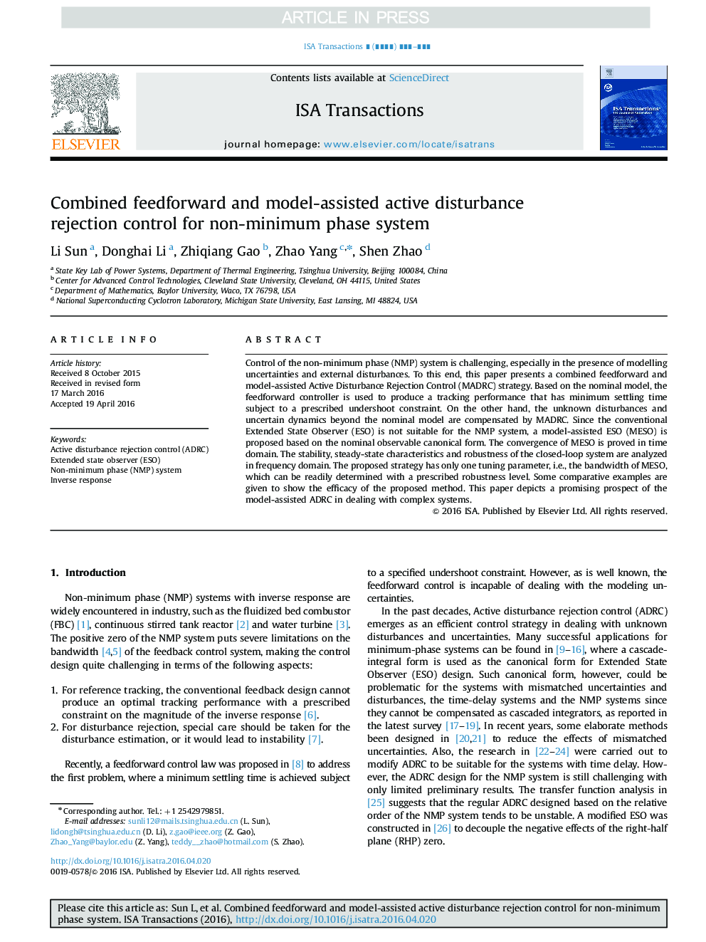 Combined feedforward and model-assisted active disturbance rejection control for non-minimum phase system