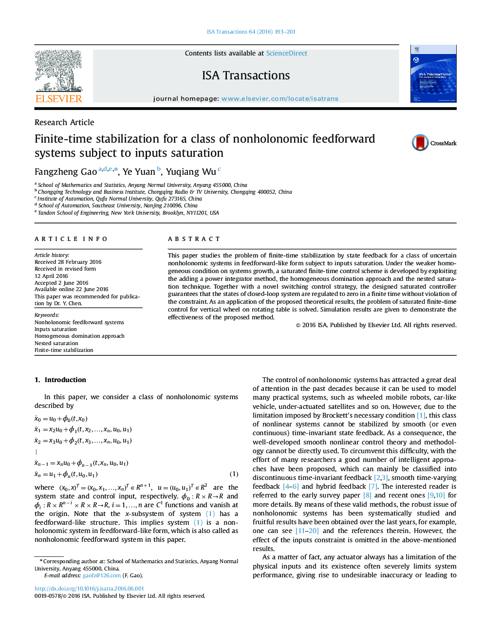 Research ArticleFinite-time stabilization for a class of nonholonomic feedforward systems subject to inputs saturation