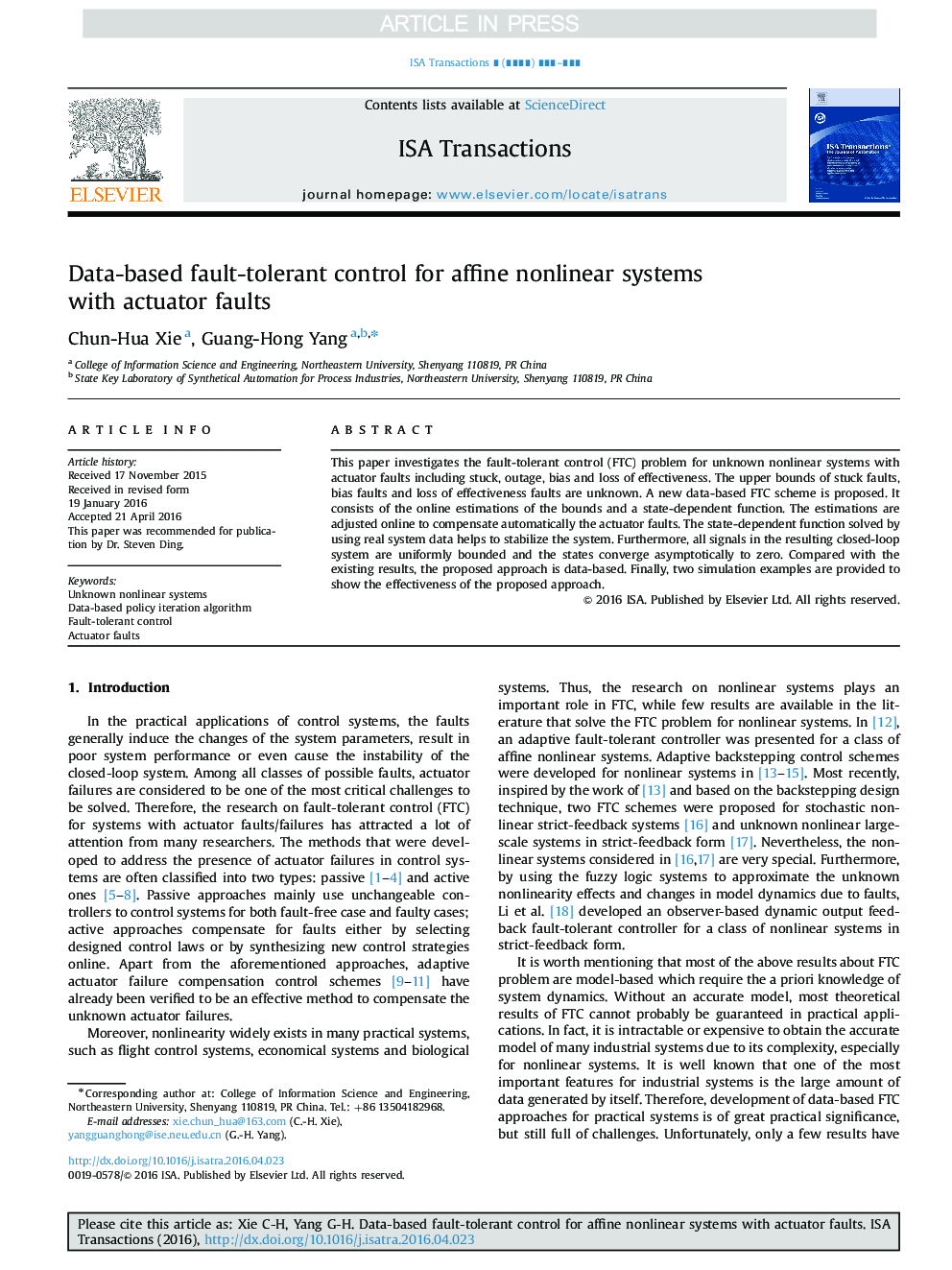 Data-based fault-tolerant control for affine nonlinear systems with actuator faults