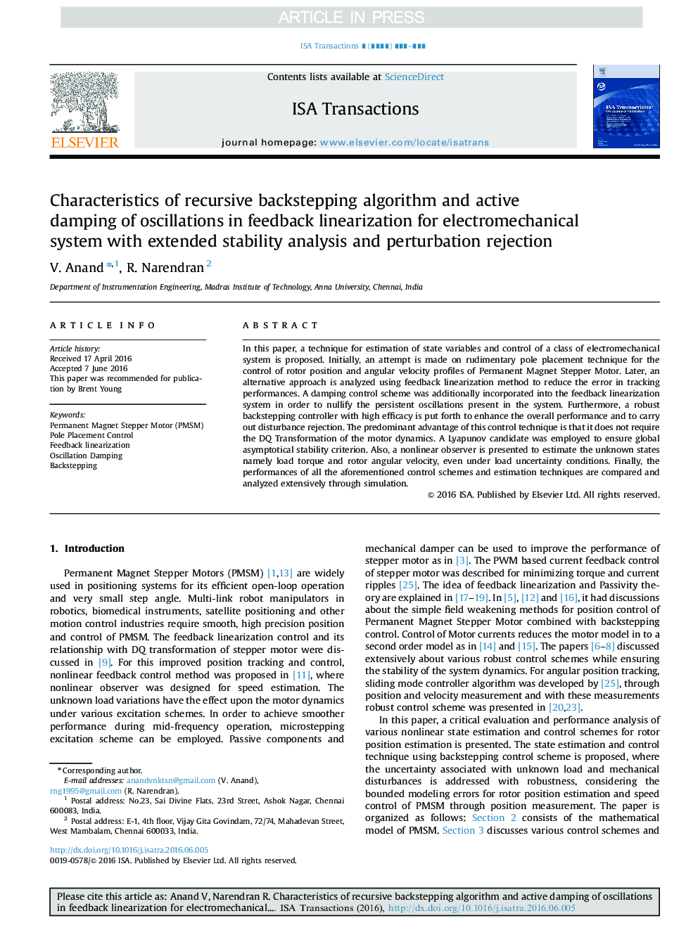 Characteristics of recursive backstepping algorithm and active damping of oscillations in feedback linearization for electromechanical system with extended stability analysis and perturbation rejection