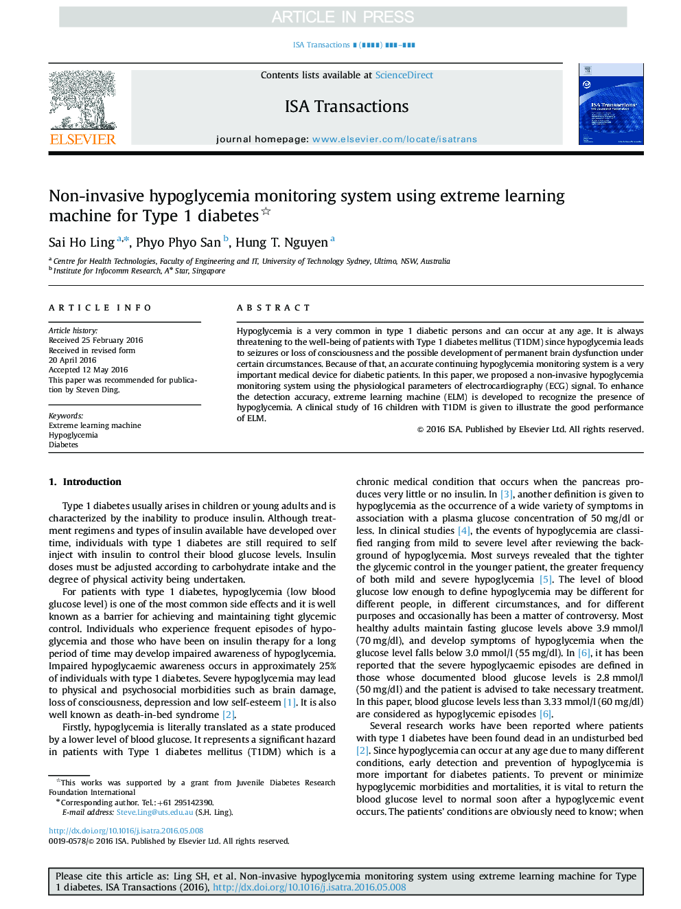 Non-invasive hypoglycemia monitoring system using extreme learning machine for Type 1 diabetes