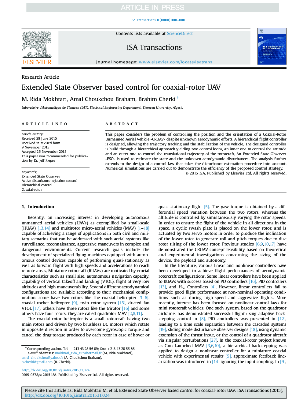 Extended State Observer based control for coaxial-rotor UAV