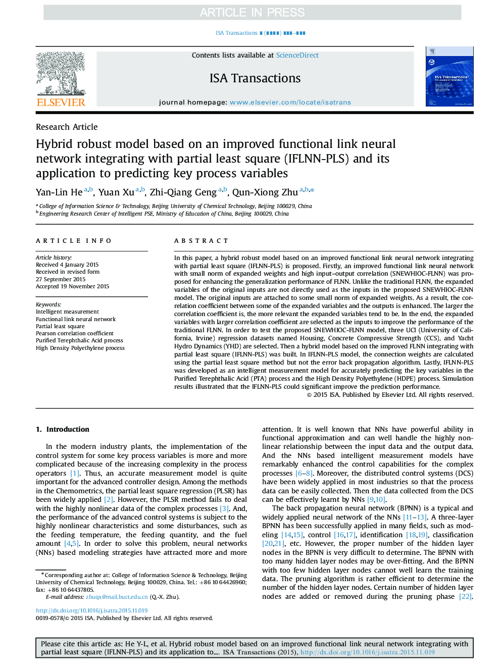 Hybrid robust model based on an improved functional link neural network integrating with partial least square (IFLNN-PLS) and its application to predicting key process variables