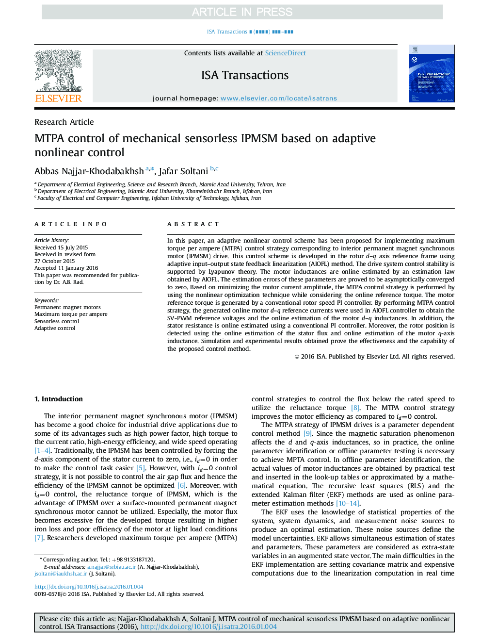 MTPA control of mechanical sensorless IPMSM based on adaptive nonlinear control