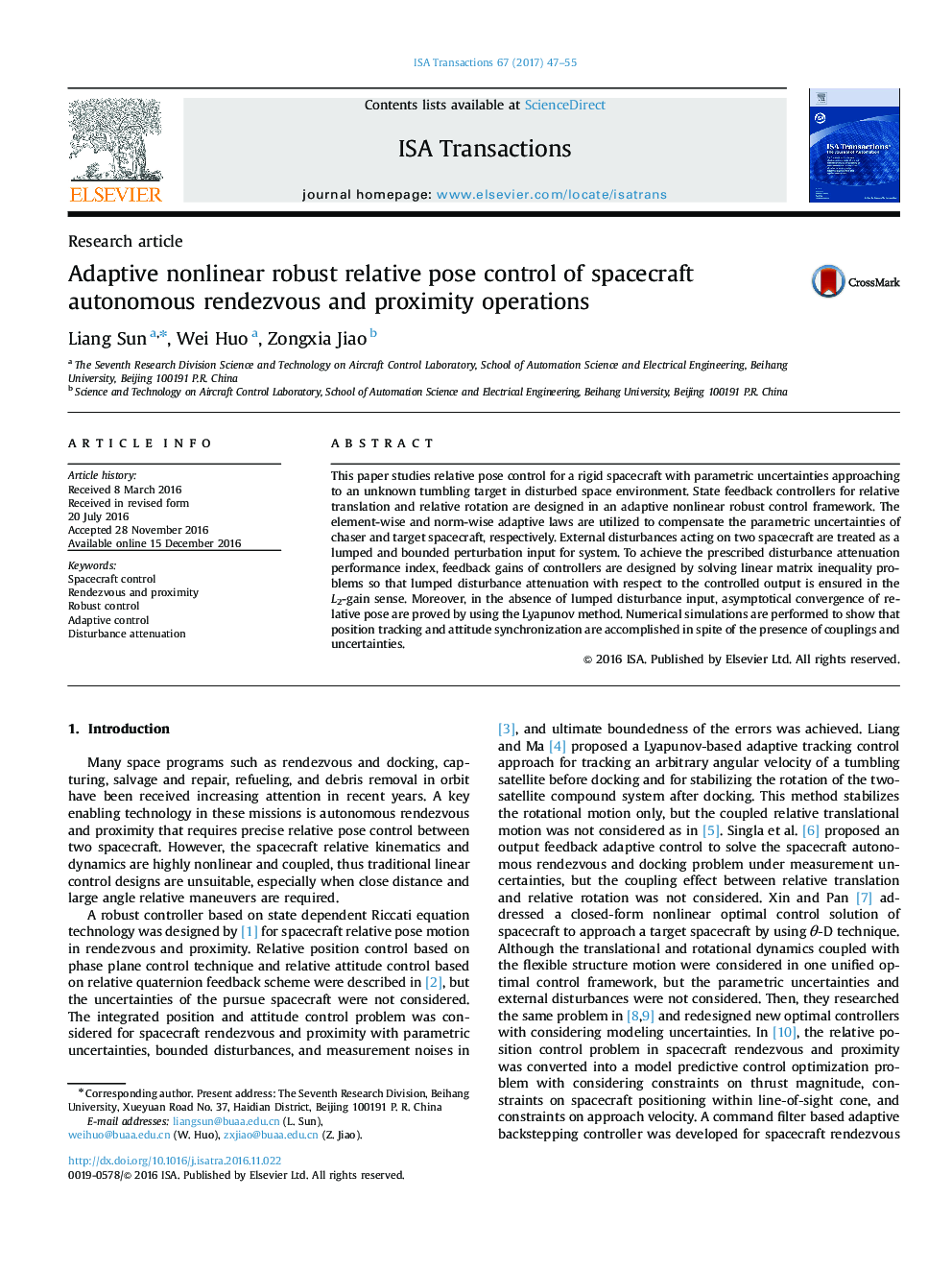 Research articleAdaptive nonlinear robust relative pose control of spacecraft autonomous rendezvous and proximity operations