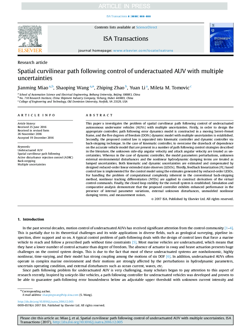 Spatial curvilinear path following control of underactuated AUV with multiple uncertainties