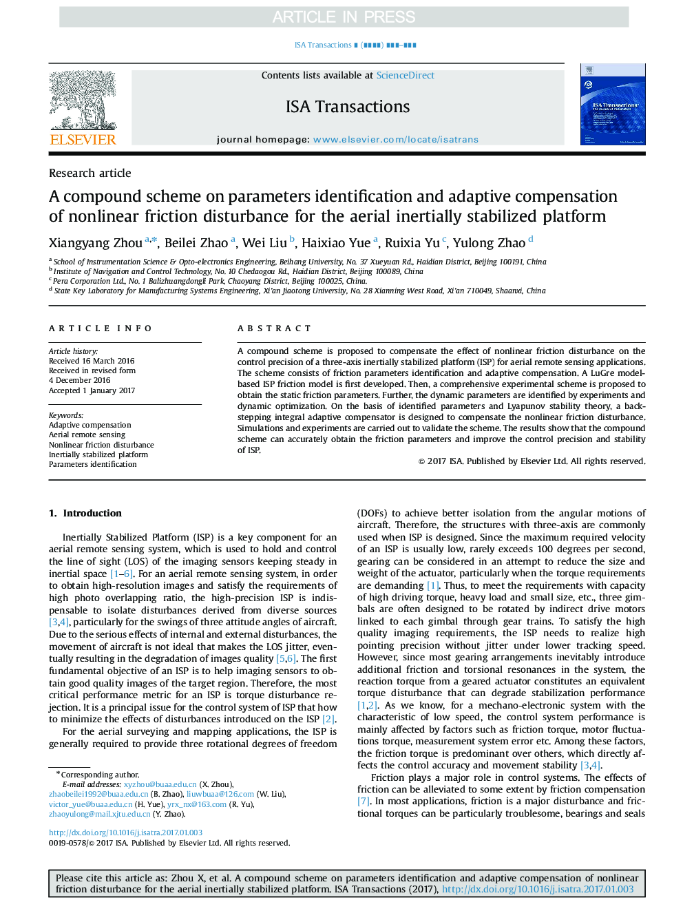 A compound scheme on parameters identification and adaptive compensation of nonlinear friction disturbance for the aerial inertially stabilized platform