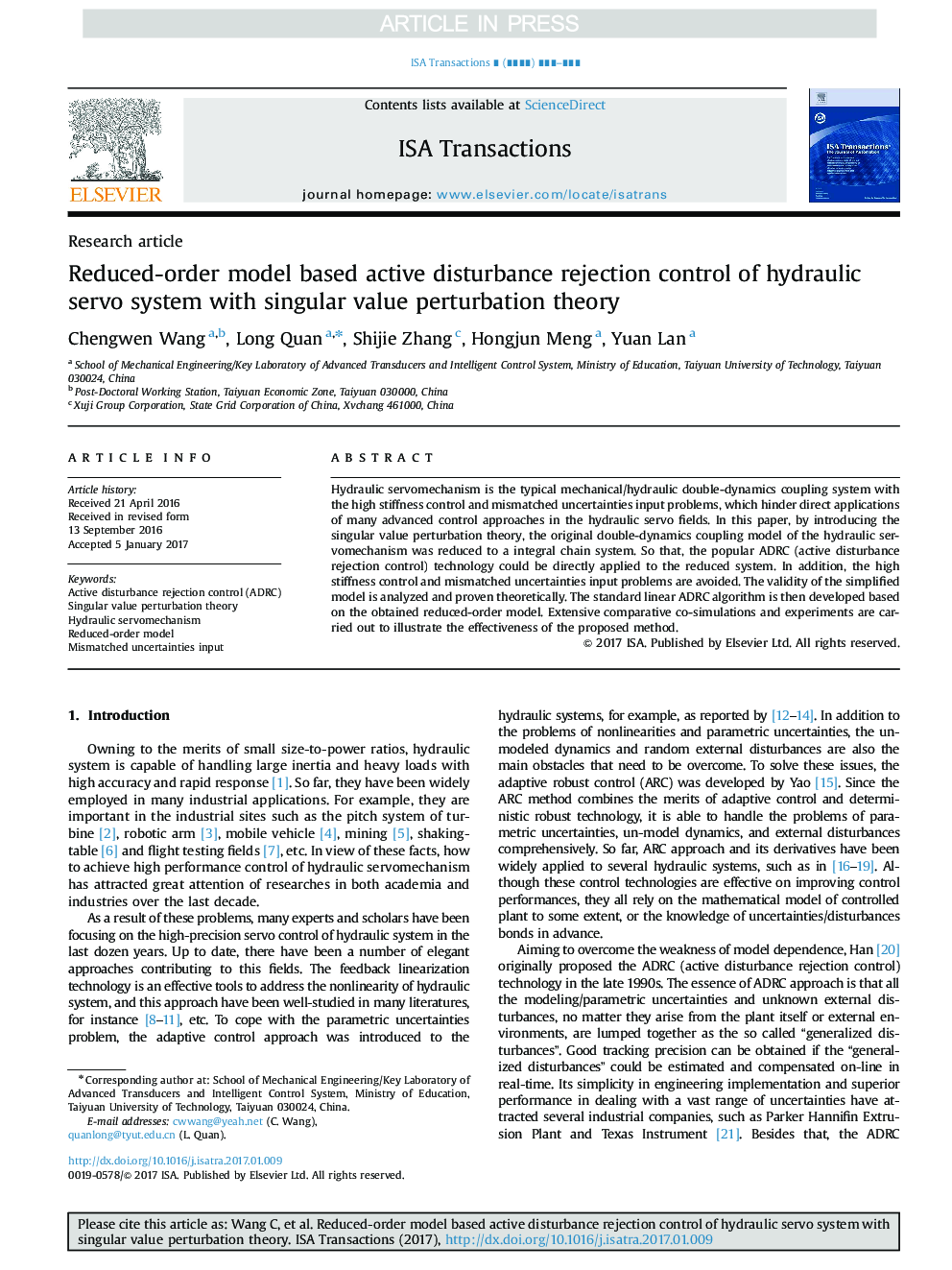 Reduced-order model based active disturbance rejection control of hydraulic servo system with singular value perturbation theory