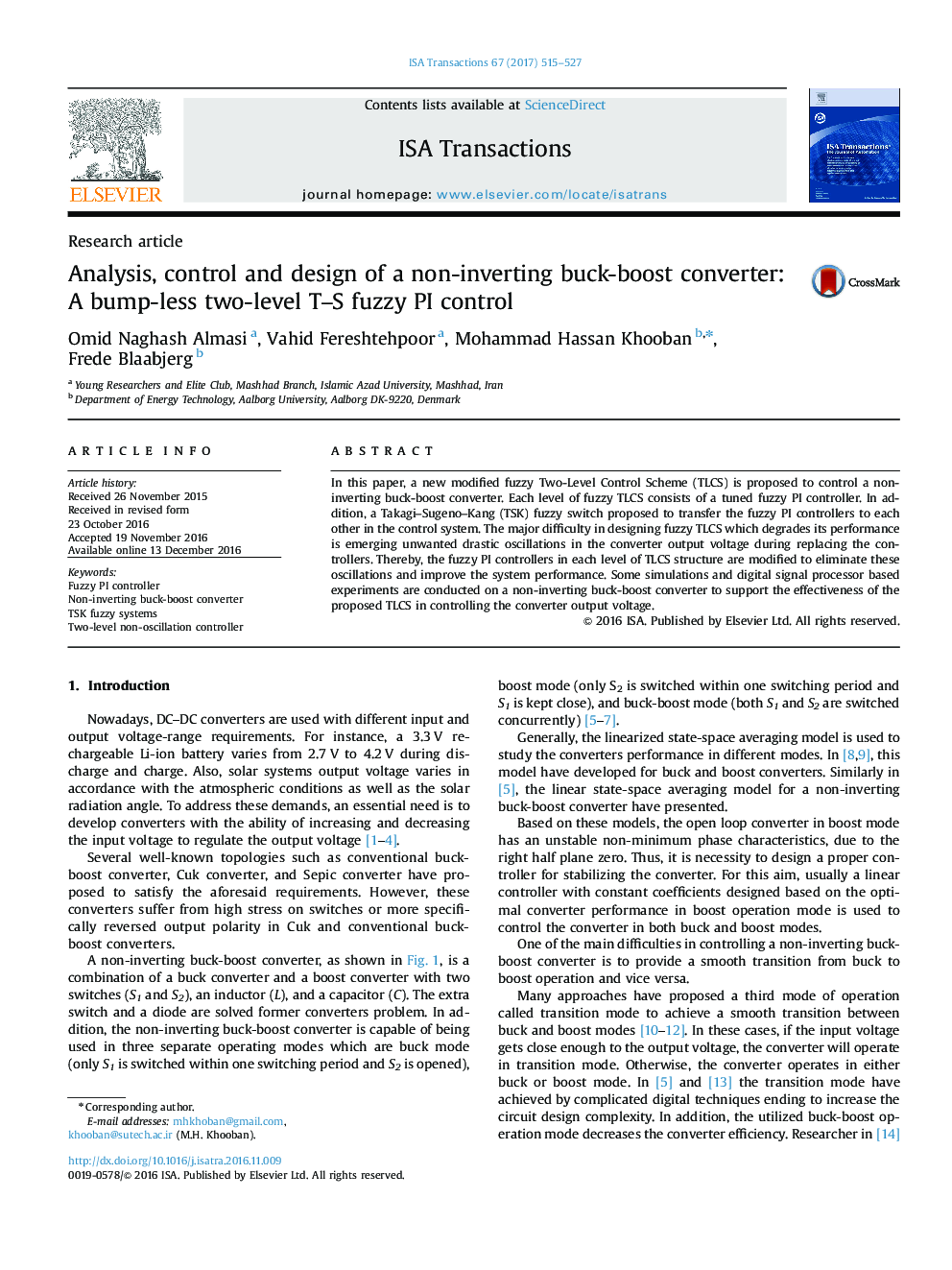 Research articleAnalysis, control and design of a non-inverting buck-boost converter: A bump-less two-level T-S fuzzy PI control