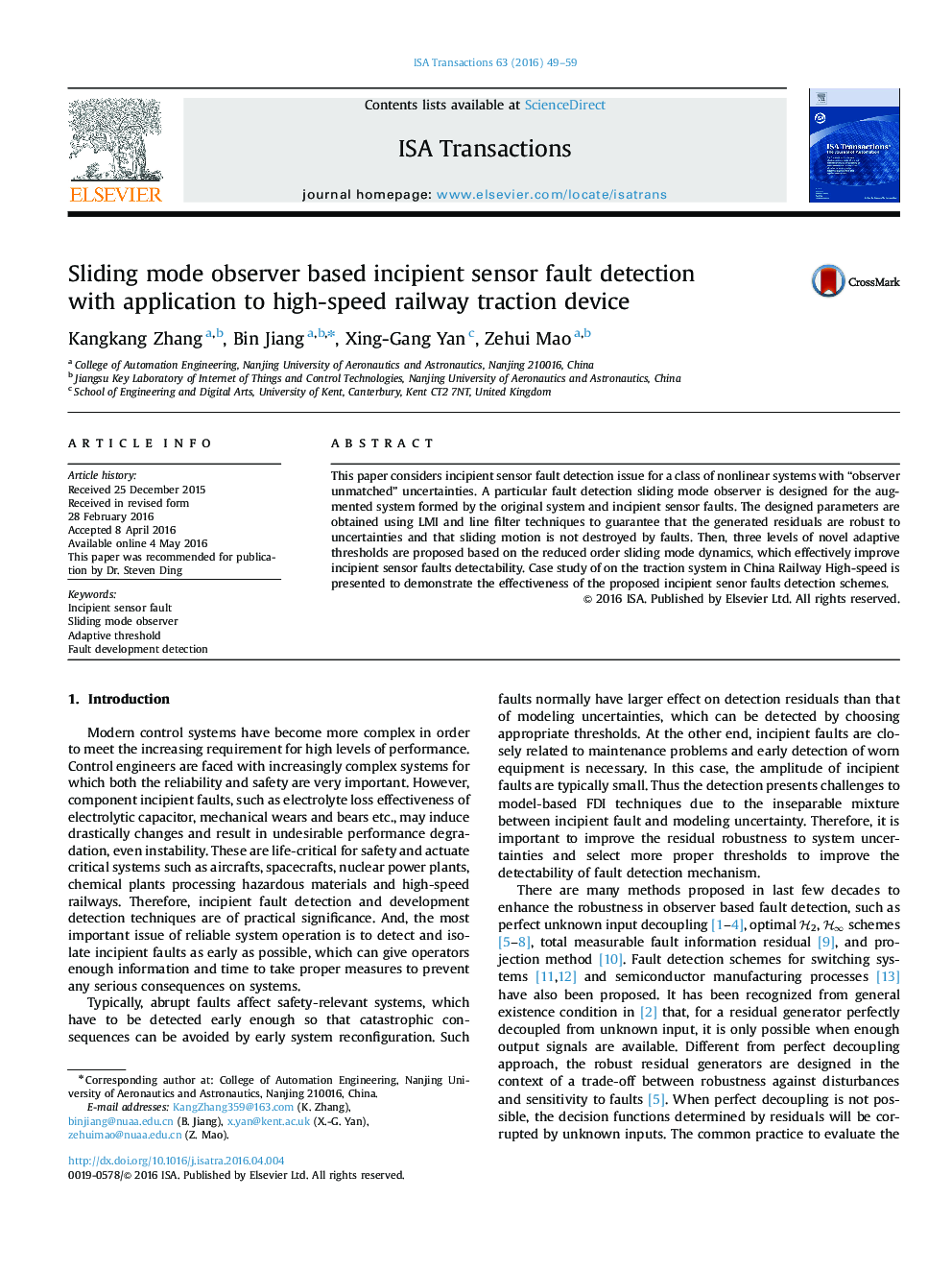 Sliding mode observer based incipient sensor fault detection with application to high-speed railway traction device