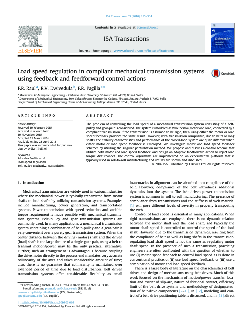 Load speed regulation in compliant mechanical transmission systems using feedback and feedforward control actions