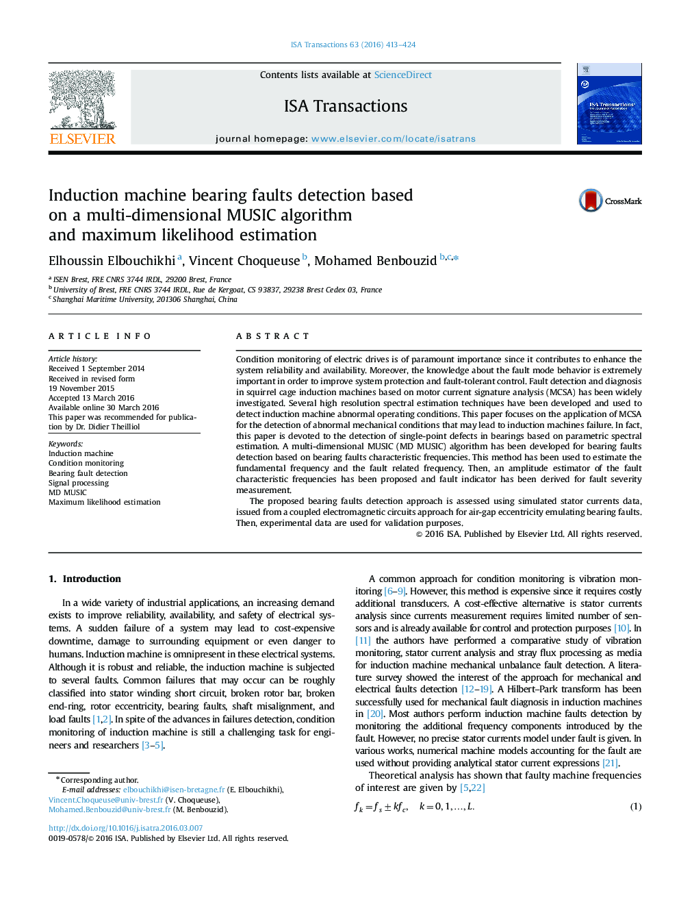 Induction machine bearing faults detection based on a multi-dimensional MUSIC algorithm and maximum likelihood estimation