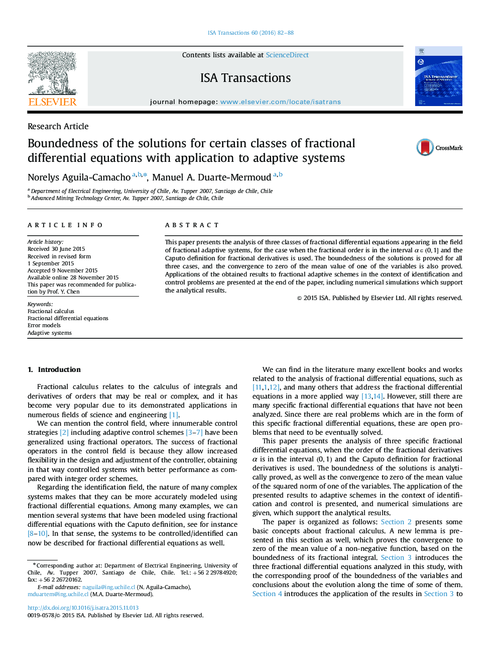 Research ArticleBoundedness of the solutions for certain classes of fractional differential equations with application to adaptive systems