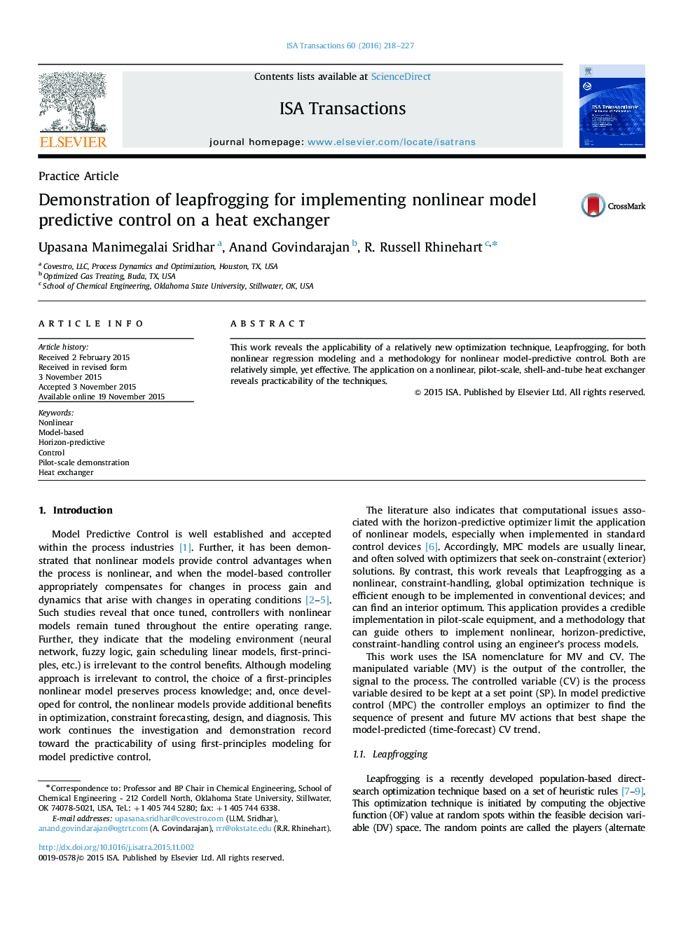 Practice ArticleDemonstration of leapfrogging for implementing nonlinear model predictive control on a heat exchanger