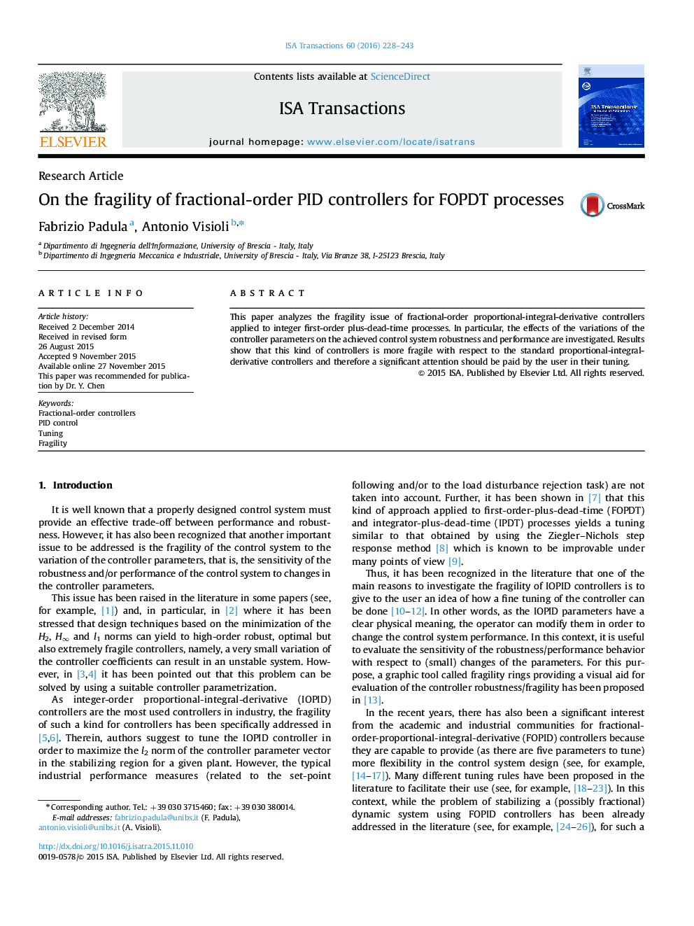 Research ArticleOn the fragility of fractional-order PID controllers for FOPDT processes