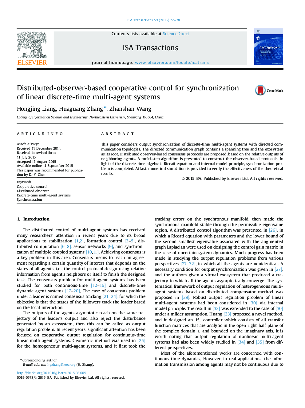 Distributed-observer-based cooperative control for synchronization of linear discrete-time multi-agent systems