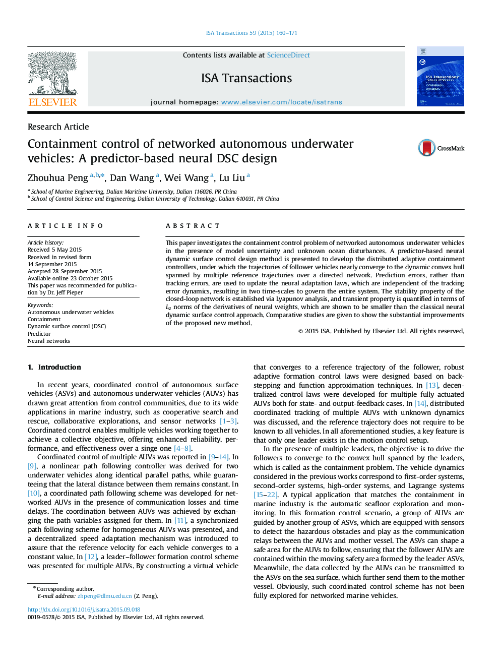 Research ArticleContainment control of networked autonomous underwater vehicles: A predictor-based neural DSC design