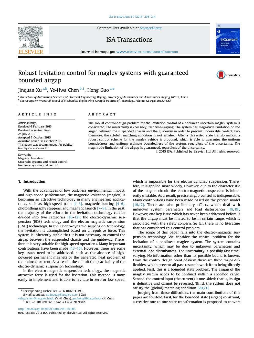 Robust levitation control for maglev systems with guaranteed bounded airgap