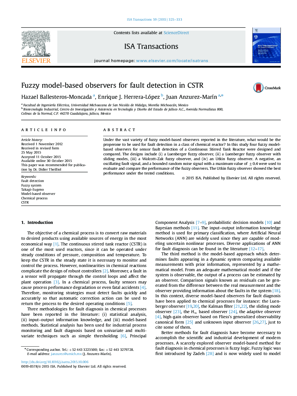 Fuzzy model-based observers for fault detection in CSTR