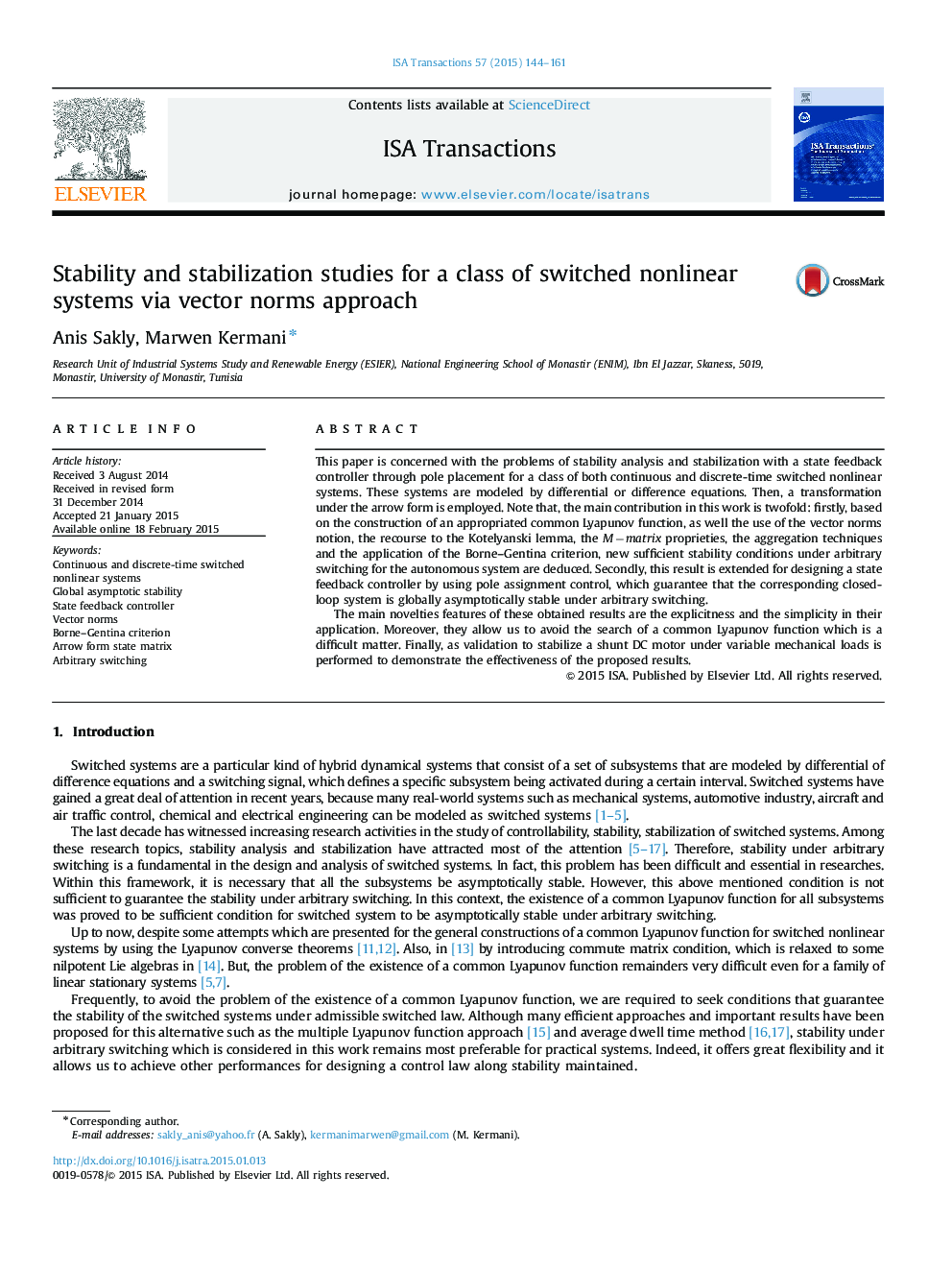 Stability and stabilization studies for a class of switched nonlinear systems via vector norms approach