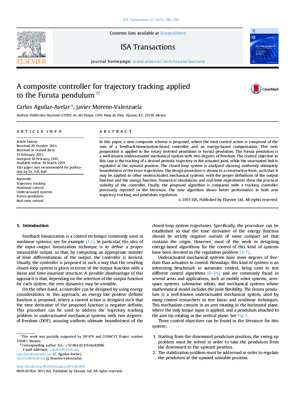 Research ArticleA composite controller for trajectory tracking applied to the Furuta pendulum