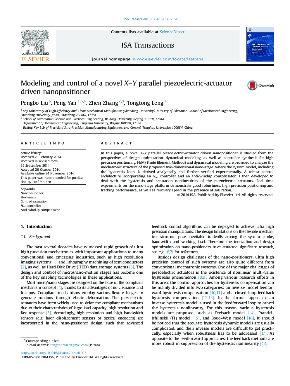 عکس صفحه اول مقاله: Modeling and control of a novel X-Y parallel piezoelectric-actuator driven nanopositioner Modeling and control of a novel X-Y parallel piezoelectric-actuator driven nanopositioner